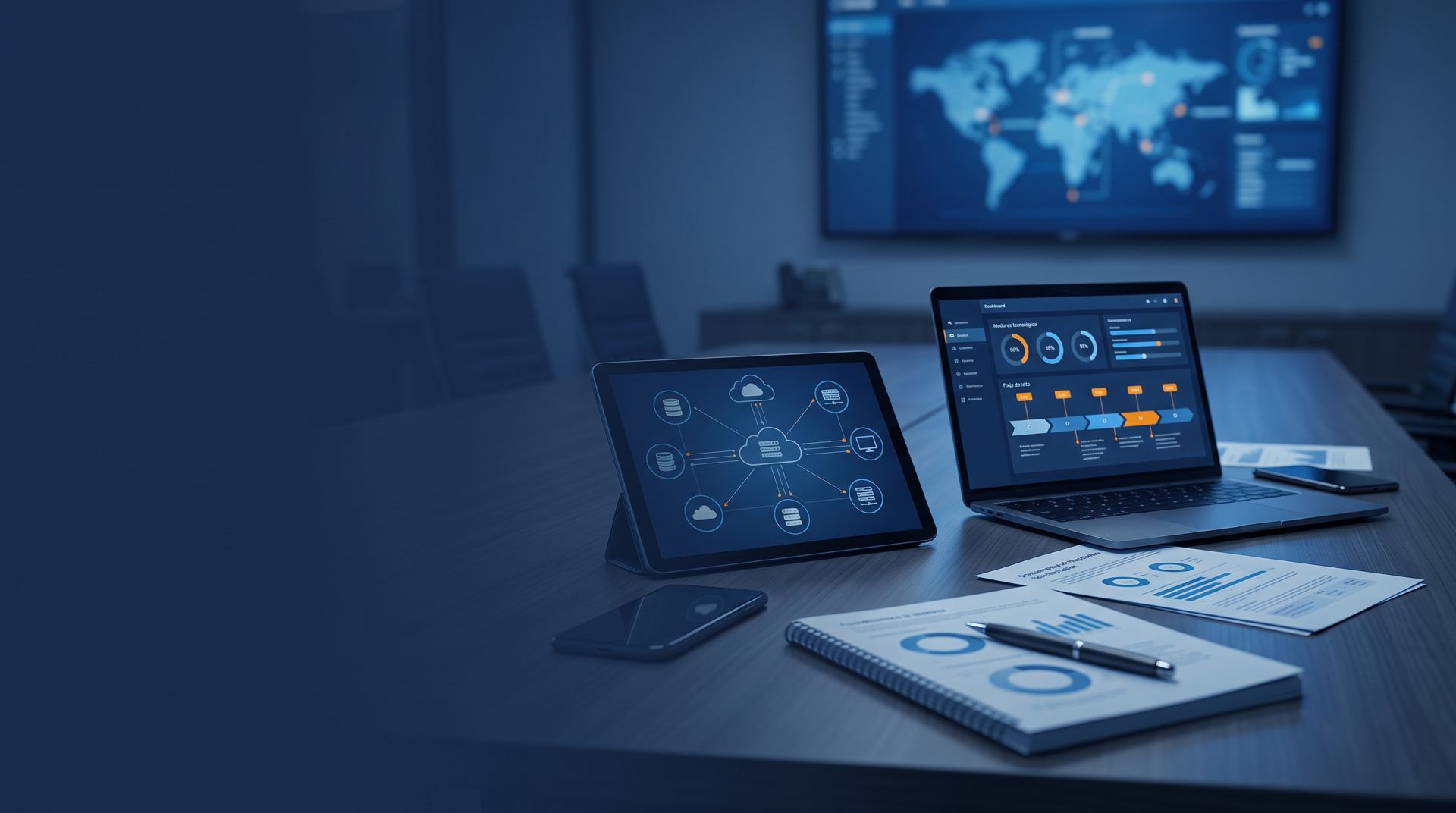 Mesa de trabajo con tableros de indicadores y planes tecnológicos